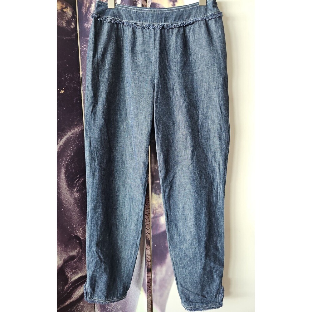 Escada Women's Flat Front Blue Chambray Frayed Trim Straight Leg Pant Jean sz 36